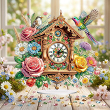(Retro style02) DIY diamond art painting desktop decoration, retro flower and bird themed clock, creative PET desktop decoration