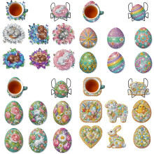 (24PCS) 6 Easter DIY Diamond Art Coaster Set, Irregular Wooden Desktop Decorative Gift, Easter Egg Design