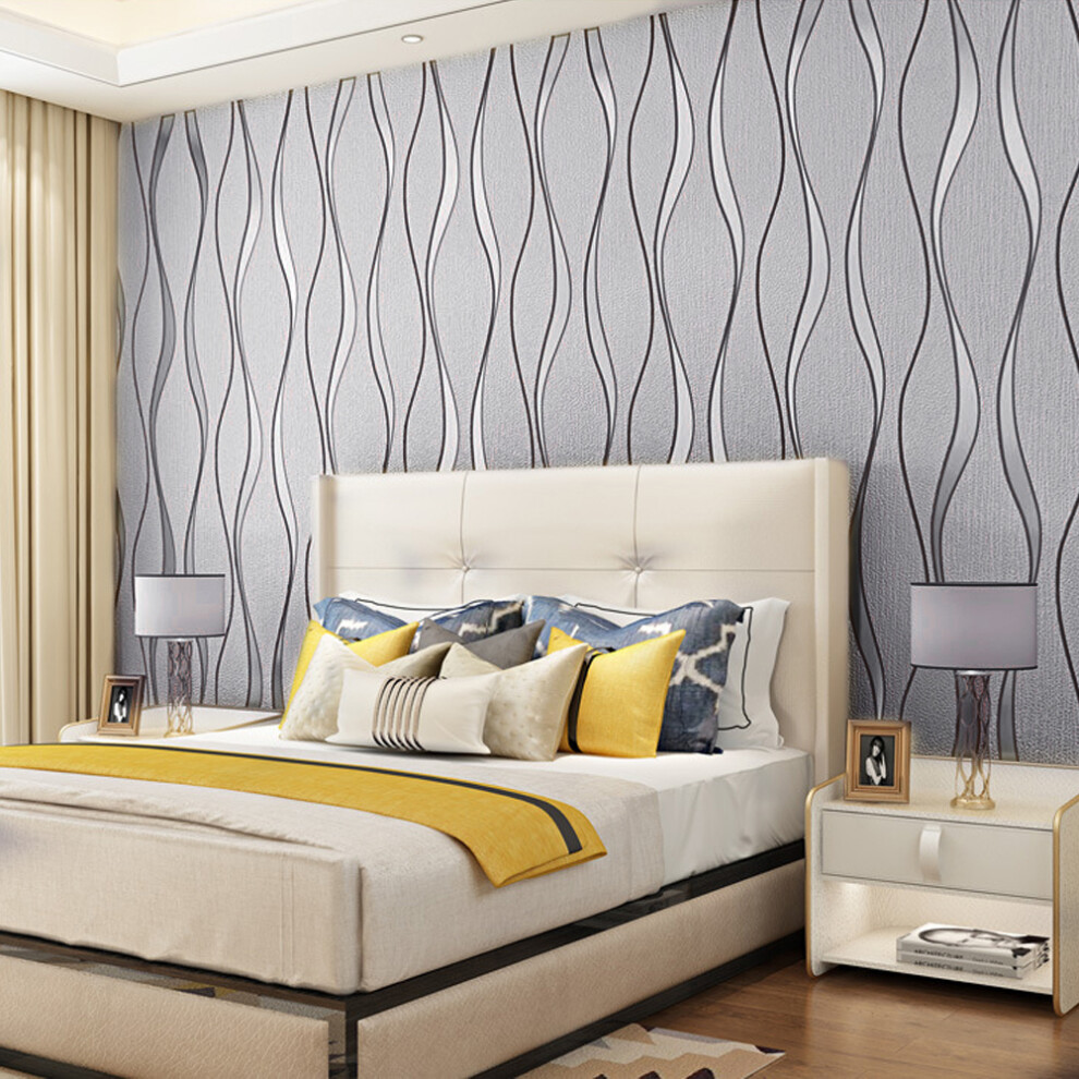 Geometric Wavy Striped Wallpaper Light Grey, 950Cm L X 53Cm W 747674409523