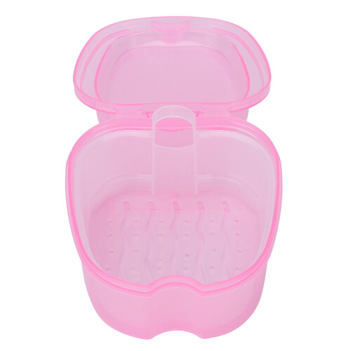 Pink Denture Bath Case with Strainer, ABS Soak & Storage Box