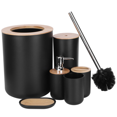 6-Piece Bathroom Set Bamboo & Plastic, Black | Soap Dispenser, Bin 1