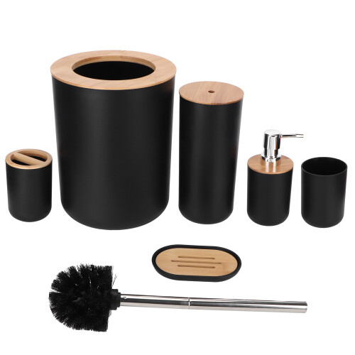 6-Piece Bathroom Set Bamboo & Plastic, Black | Soap Dispenser, Bin 2
