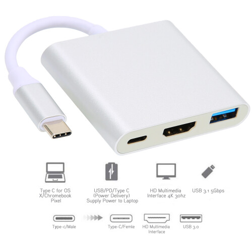 4K 3-in-1 Type-C Docking Station HDMI USB PD Adapter Silver 2