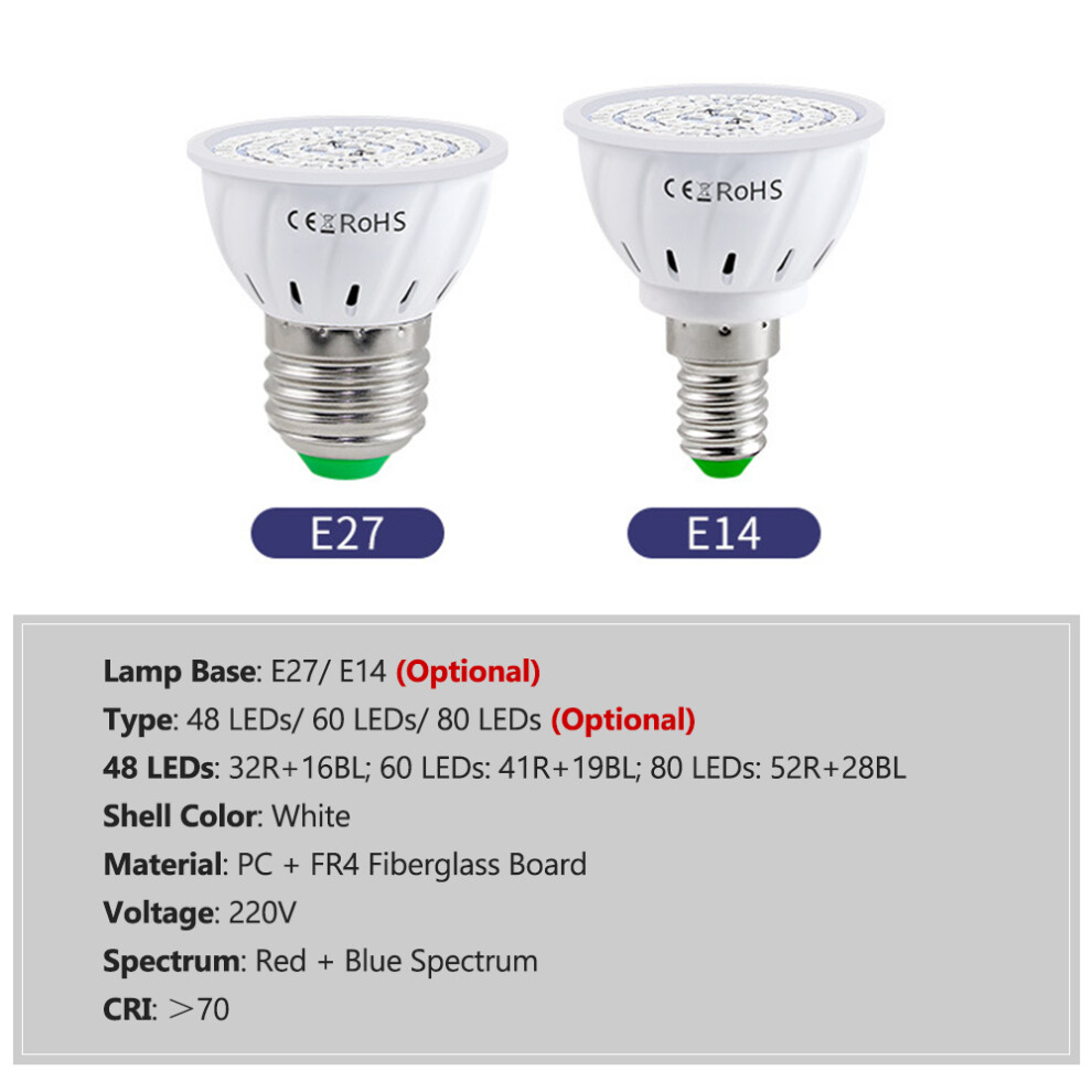 E14 Led Grow Light Bulb 80 Leds Red & Blue Spectrum 220V Indoor Plants 8321391699270