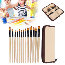 14-Piece Nylon Hair Oil Watercolor Paint Brush Set in Yellow Storage Bag