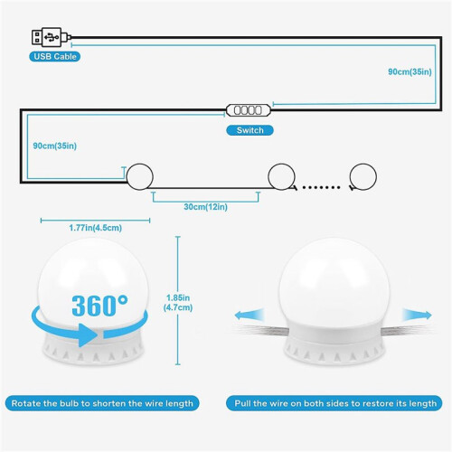 2X LED Vanity Lights for Mirror, Vanity Lights Stick  with 10 Dimmable Bulbs, USB Cable Mirror Lights 2