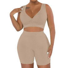 2 Piece Outfits for Women Ribbed Knit Crop and-light brown S