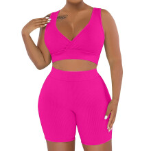 2 Piece Outfits for Women Ribbed Knit Crop and Yoga-rose red S