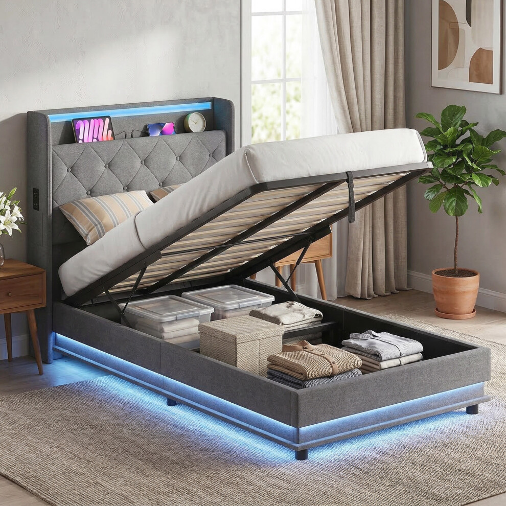 Rackhams Dark/Grey Lift Up Storage Bed Frame With Rgb Led Lights, - Single - Image 3