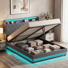 (L) HOMCOM Lift up Storage Bed Frame with RGB LED Lights, Dark Grey