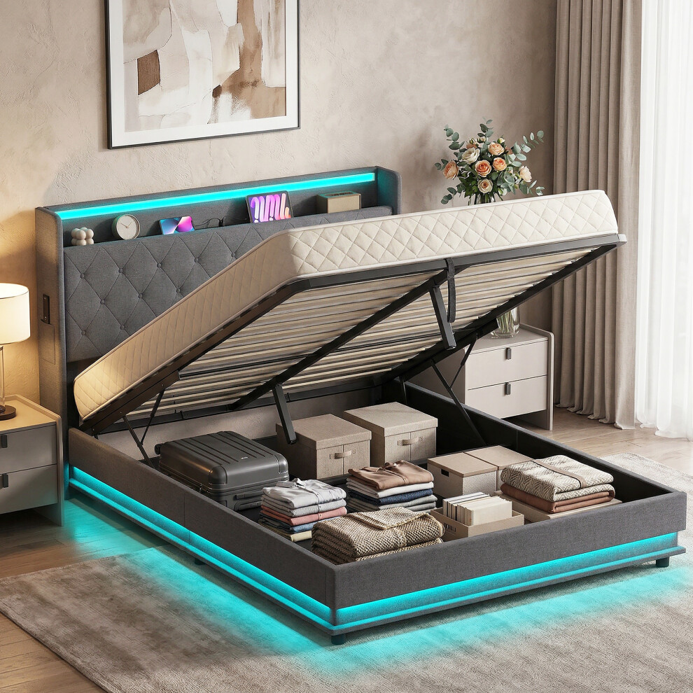 Homcom (L) Lift Up Storage Bed Frame With Rgb Led Lights, Dark Grey