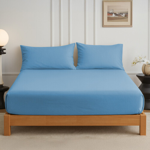 (Double, Light Blue) 25cm Deep Brushed Microfiber Fitted Bed Sheet- 200TC Elastic Stretchable Hotel Quality Durable Fitted Sheets 1