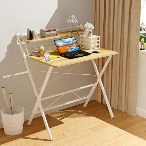 Folding Desk w/Shelf Foldable Desk w/Monitor Stand Home Office Desk, PC Table
