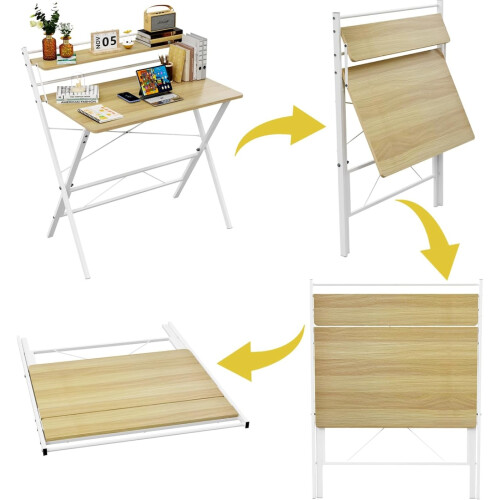 Folding Desk w/Shelf Foldable Desk w/Monitor Stand Home Office Desk, PC Table 2