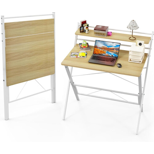 Folding Desk w/Shelf Foldable Desk w/Monitor Stand Home Office Desk, PC Table 1