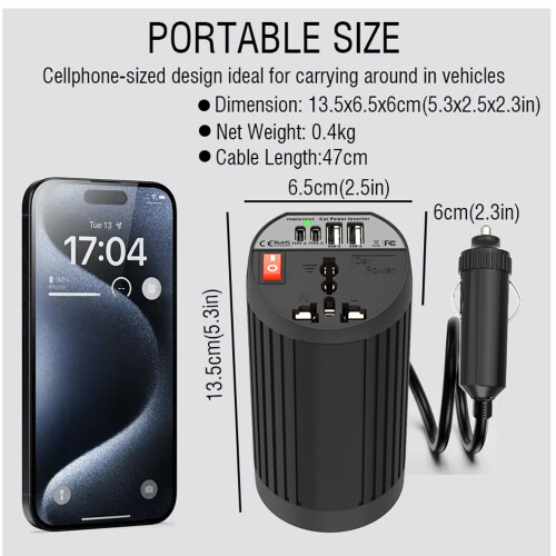 200W Auto-Stromwandler 12V auf 220V mit Dual USB & Typ C 1