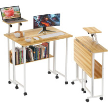 Folding Desk with Wheels & Storage Shelves Foldable Computer Desk