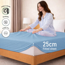 (Double, Light Blue) 25cm Deep Brushed Microfiber Fitted Bed Sheet- 200TC Elastic Stretchable Hotel Quality Durable Fitted Sheets