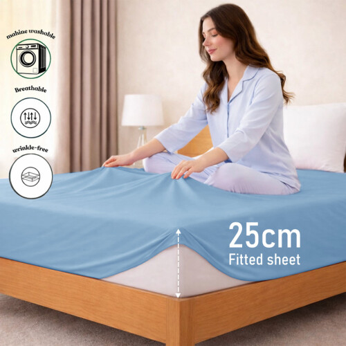 (Double, Light Blue) 25cm Deep Brushed Microfiber Fitted Bed Sheet- 200TC Elastic Stretchable Hotel Quality Durable Fitted Sheets