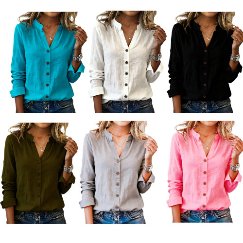 Long Sleeve V Neck Button Blouse For Womens Solid Color-White L 2