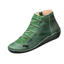 Dames winterlaarzen in de uitverkoop, platte leren retro veterlaarzen met zijrits, plus model, groen