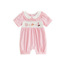 (6-12 Months, Pink) Infant Baby Girl Romper Summer Short Sleeve Doll Collar Cowgirl Themed Embroidery Plaid Print Jumpsuit