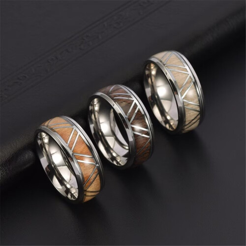 Bague triangulaire en acier inoxydable avec incrustation de bois, taille 8 1