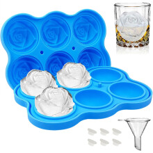 Rose Ice Cube Tray 2", 6-Cavity Silicone Mold with Funnel & Stoppers for Whiskey, Cocktails, Bourbon, Juice (Blue)