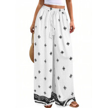 Women Summer Beach Vacation Pants High Waist Wide Leg-White XXL