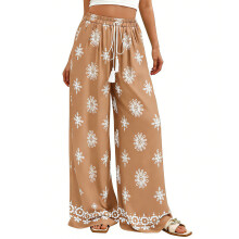 Women Casual Elastic High Waist Wide Leg Pants Loose-Khaki M