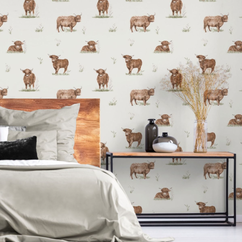 Muriva Angus Highland Cow Wallpaper Cream Textured