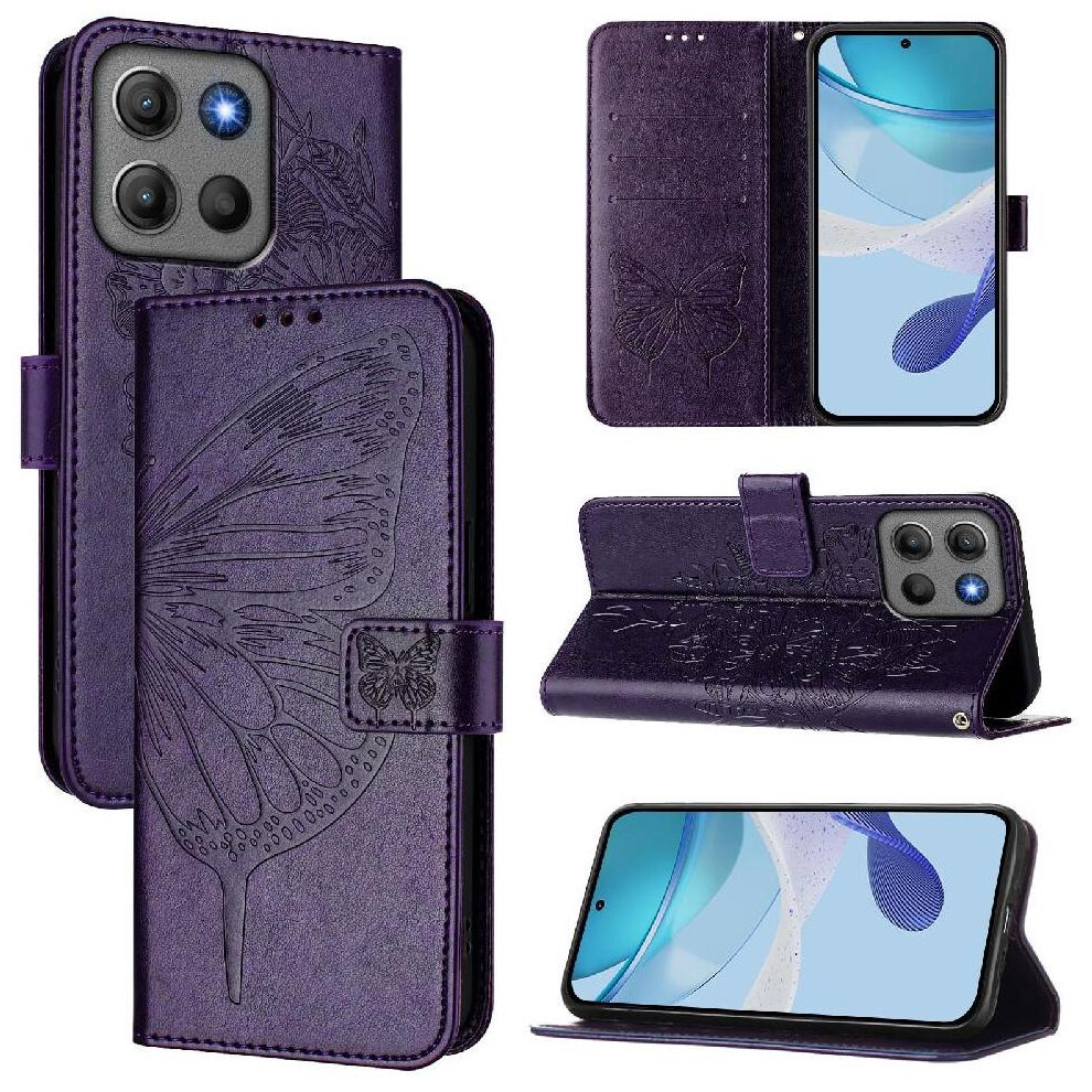( Violet) Case For Motorola Moto G17 Flip Cover Embossing Butterfly Magnetic Premium Leather Dark 764563211883