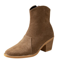 Damskie krótkie botki w kolorze khaki z kwadratowym noskiem i grubym obcasem, modne buty na jesień i zimę, materiał typu flock, do wypoczynku na
