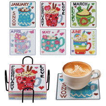 (January-June) 6Pcs January-June DIY Diamond Coaster Kits with Coaster Holder, 3.94*3.94 inch, Acrylic Square Coaster Sets With Cork Pad