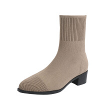Khaki gebreide enkellaarsjes voor dames met spitse neus en hoge hak.