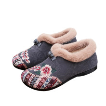 Szare aksamitne, haftowane płaskie buty w stylu etnicznym, zimowe buty dla kobiet, wygodne, do noszenia na co dzień, krótkie, pluszowe, z miękką