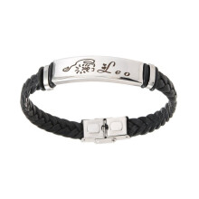Unisex Stainless Steel Zodiac Signs Lucky Bracelet Black Adjustable 12 Constellation Multilayer Leather Wrap Wristhand Birthday Jewelry Leo