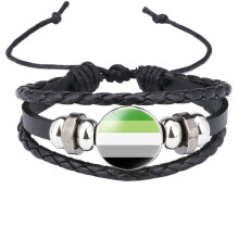 Unisex Stainless Steel Rainbow LGBT Pride Flag Leather Bracelet Handmade Woven Round Coin Wrap Bracelet Wristband Jewelry Birthday Gift Black Style 7