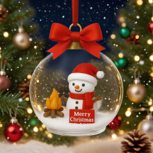 Christmas Snowman Globe Ornament with Fire Pit, "Merry Christmas" Message, Red Bow, Snowy Scene, Holiday Tree Hanging Decoration, Winter Decor