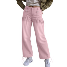 Dame Baggy Wide Leg Jeans Mellemhøj Talje Vintage Flare Barrel Jeans Ruffle Plisserede Denimbukser med Snøre, Pink