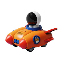 Oranje speelgoedauto met terugtrekmechanisme en raketmotor, aangedreven door wrijving, voor kinderen om mee te spelen. 12 cm lang, 0,9 kg.