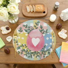 Set van 1 ronde placemat van 35,5 cm (14 inch) van linnen met paashaas- en eierpatroon, wasbaar tafelkleed voor feestelijke gelegenheden, in de