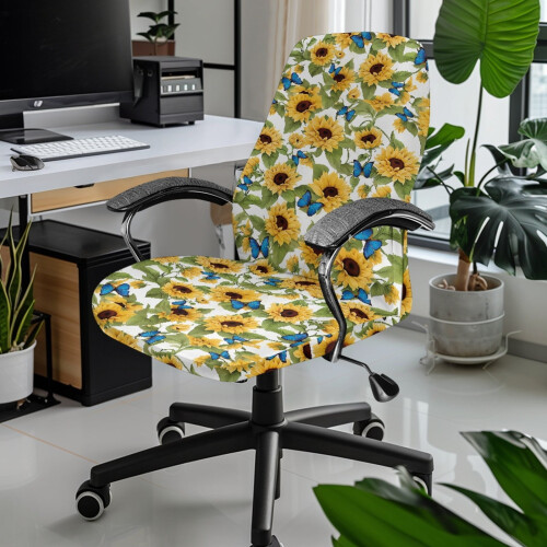 Sunflower Butterfly Chair Cover Stretchable High Back 1