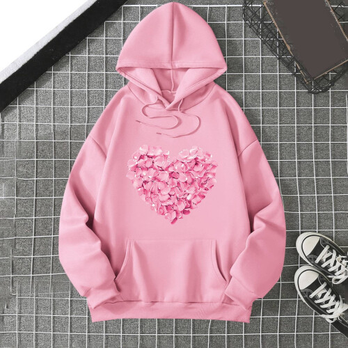 Γυναικεία oversized casual φούτερ με κουκούλα, στάμπα Love Heart, χαλαρή εφαρμογή – Συμβατά 1