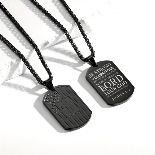 American Flag Dog Tag Necklace with Bible Scripture and 2