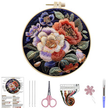 (Flowers-4) 3D Color Flower Hand Embroidery Kit, Beginner-Friendly Circular Decorative Paintings for Craft Enthusiasts