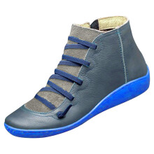 Dames winterlaarzen in de uitverkoop, platte leren retro veterlaarzen met zijrits, plus size laarzen in blauw