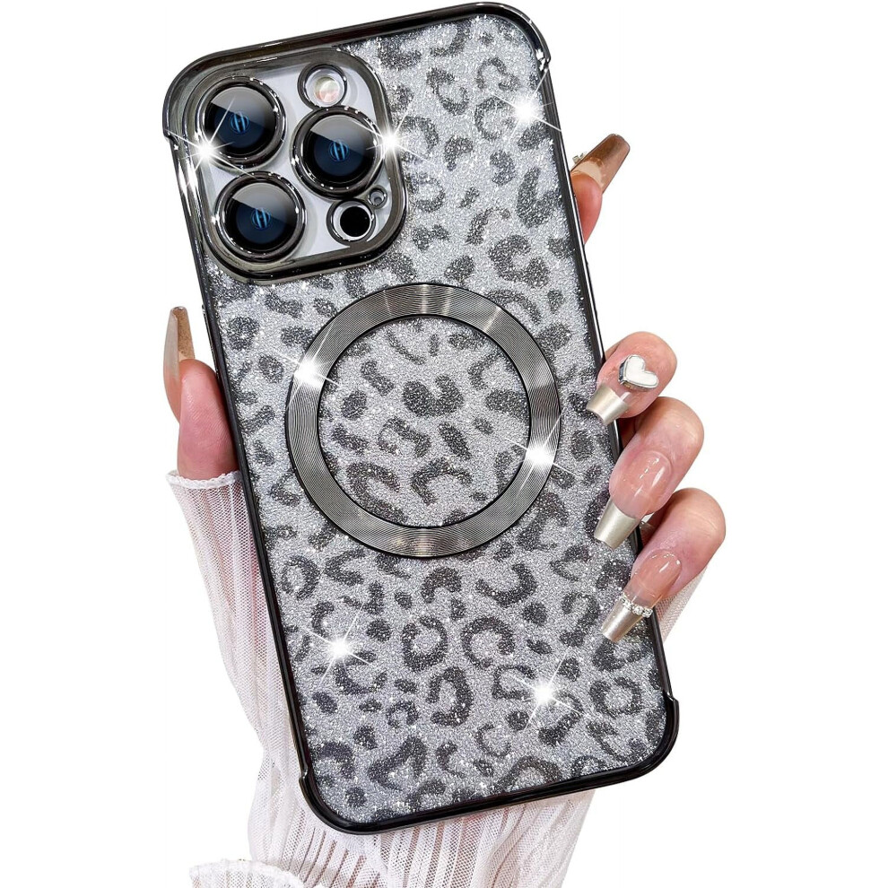 Cheetah Print Clear Iphone 15 Pro Max Case, Magsafe Compatible, Magnetic Glitter Leopard Design, 6.7", Black 9489952223513