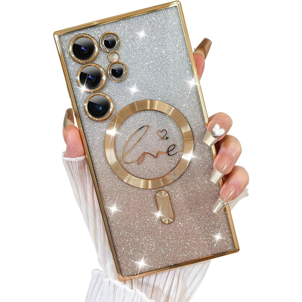 Compatible With Samsung Galaxy S24 Ultra & Magsafe Â Clear Love Heart Camera Case, Magnetic Glitter, Shockproof, 6.8", Gold 9489952224824