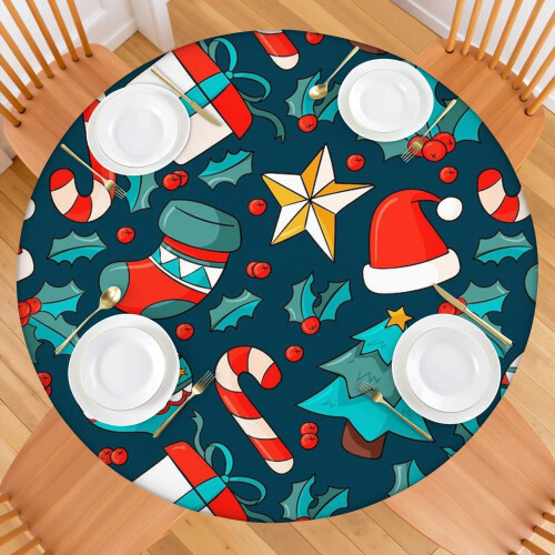 Toalha de mesa redonda de 52 polegadas com borda elástica – Elegante e prática para as refeições de Natal. 1